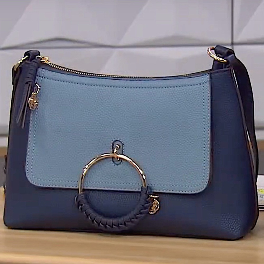 Carlos Santana Chambray Navy Blue Top Zip Crossbody Bag with Gold Tone Hardware